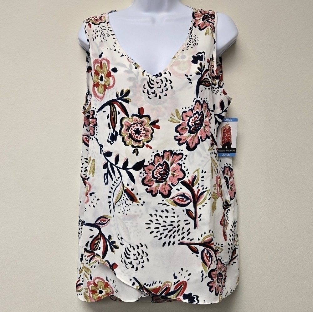 Chelsea & Theodore Whimsical Floral Print Blouse White L